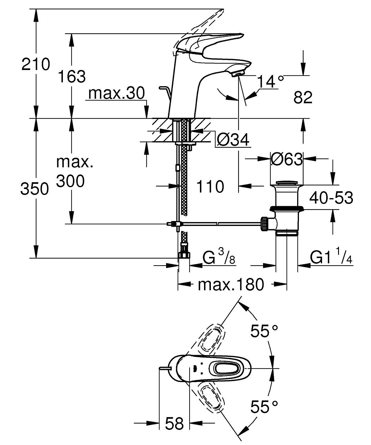 Kích thước sản phẩm vòi cắm chậu 1 lộ Grohe 33558LS3