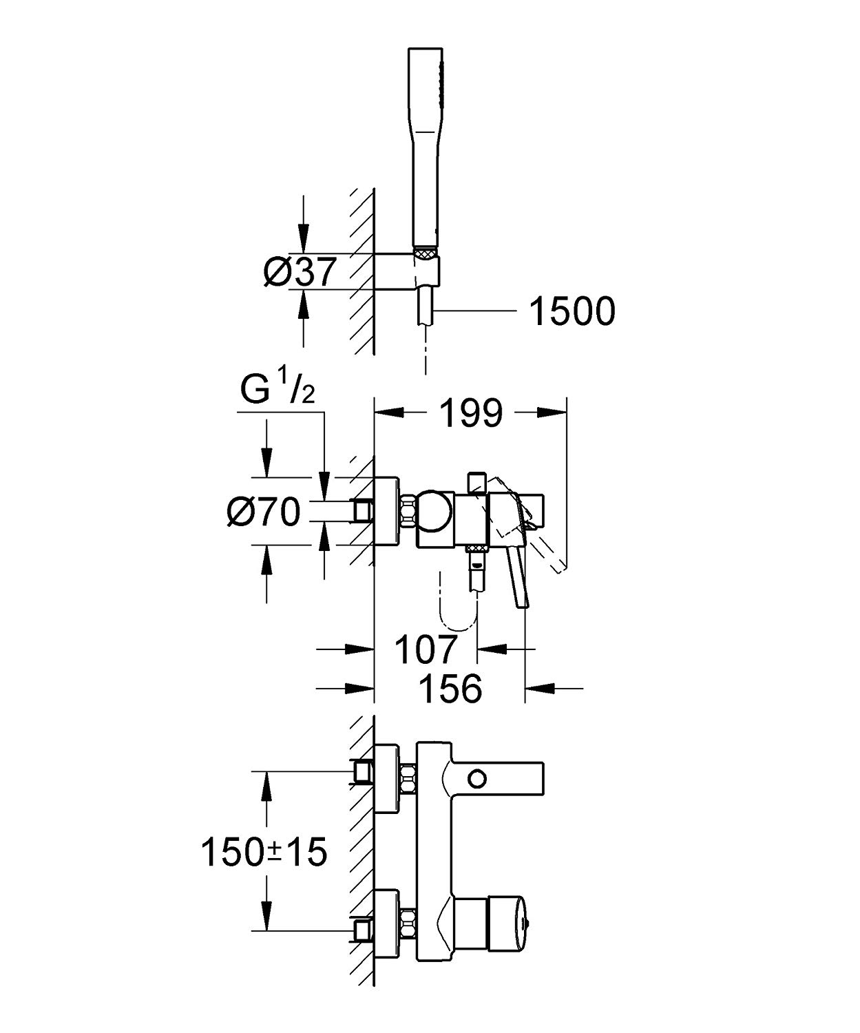 Kích thước vòi sen tắm nóng lạnh gắn tường Grohe 32212001