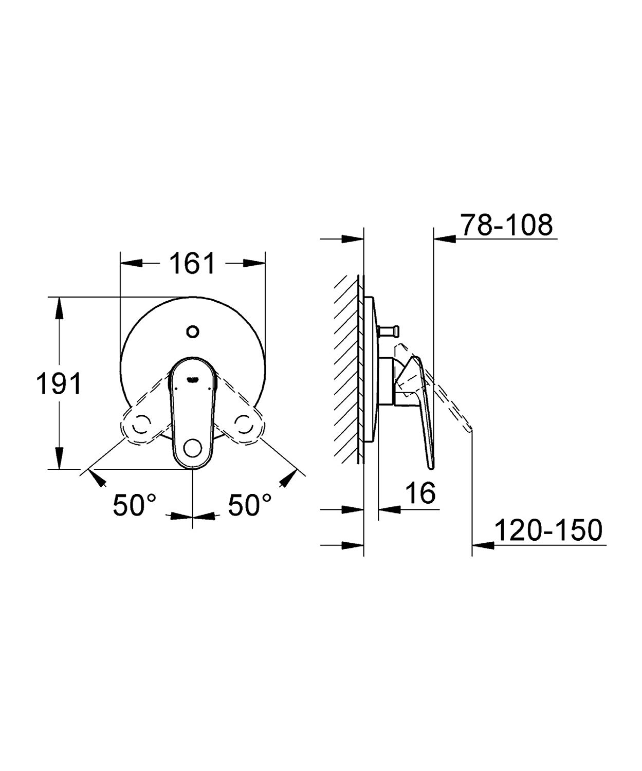 Kích thước bộ trộn nhiệt độ và điều hướng Grohe 19536002