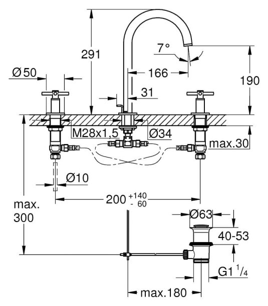 Bản vẽ Vòi Chậu Lavabo Nóng Lạnh 3 Lỗ Đức Grohe 20008DA3