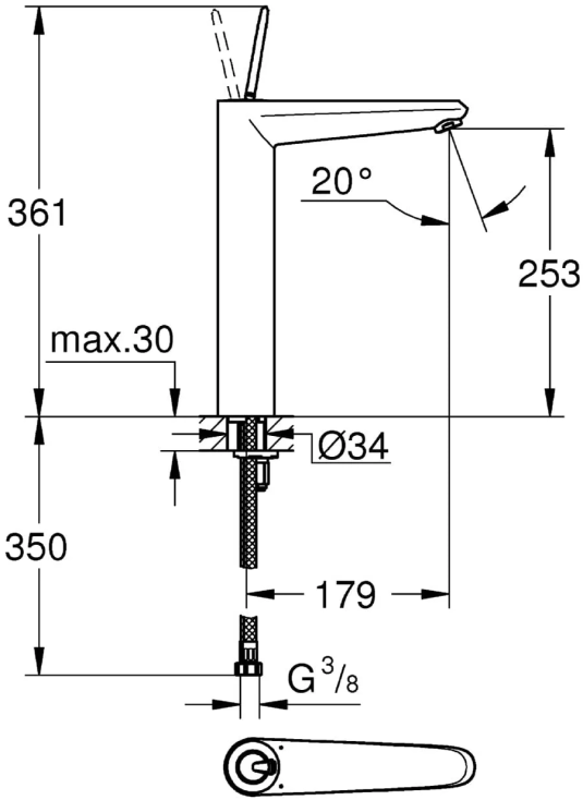 Bản vẽ kỹ thuật vòi rửa mặt cao Grohe 23428000