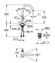 Bản vẽ Vòi Chậu Lavabo Nóng Lạnh 1 Lỗ Đức Grohe 3204200D