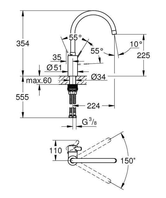 Bản vẽ Vòi Chậu Rửa Bát Nóng Lạnh Đức Grohe 32843002