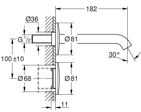 Bản vẽ Vòi Chậu Lavabo Nóng Lạnh Gắn Tường Đức Grohe 36447000
